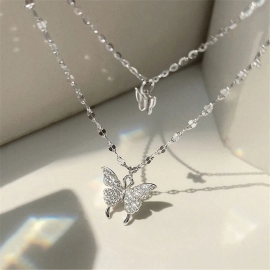 Daily Jewelry Make You Fashionable Simple Diamond Inlaid Butterfly Pendant Double Layer Necklace Neckchain